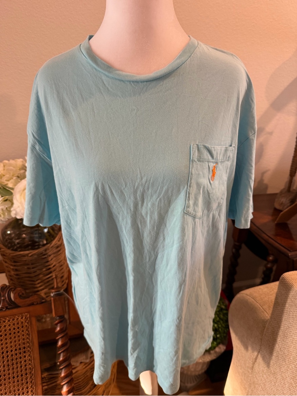 Ralph Lauren Men's Light Blue Pocket T-Shirt with Small Embroidered Logo